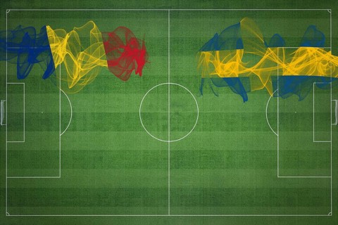 Romania vs Sweden Soccer Match, national colors, national flags, soccer field, football game,