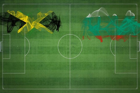 Jamaica vs Bulgaria Soccer Match, national colors, national flags, soccer field, football game,