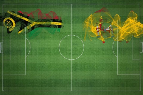 Vanuatu vs Spain Soccer Match, national colors, national flags, soccer field, football game,