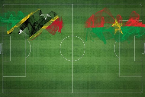 Saint Kitts and Nevis vs Burkina Faso Soccer Match, national colors, national flags, soccer field,