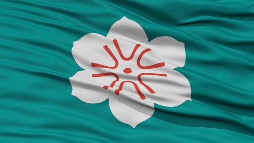 Closeup Saga Japan Prefecture Flag, Waving in the Wind, High Resolution
