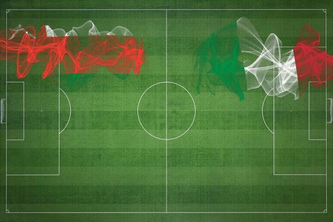 Oman vs Italy Soccer Match, national colors, national flags, soccer field, football game,
