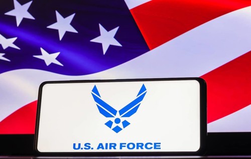 In this photo illustration the United States Air Force (USAF) logo seen displayed on a smartphone
