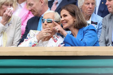 Martina Navratilova and her partner Julia Lemigova watching the action at the 2024 Wimbledon