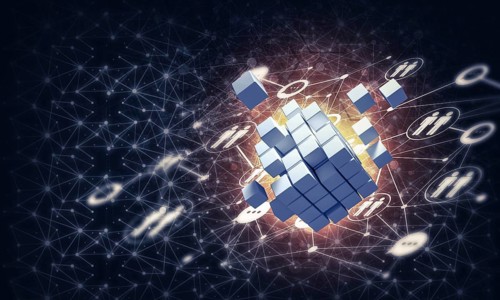 Conceptual background image with cube figure and social connection lines. 3d rendering