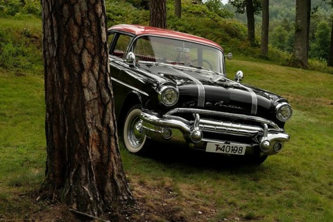 American classic car, Pontiac, black with red roof, Halden, Norway