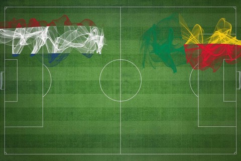 Netherlands vs Benin Soccer Match, national colors, national flags, soccer field, football game,