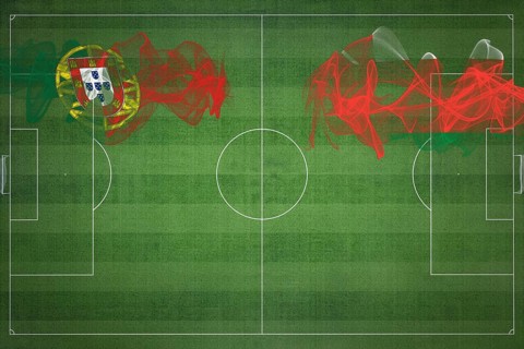 Portugal vs Oman Soccer Match, national colors, national flags, soccer field, football game,