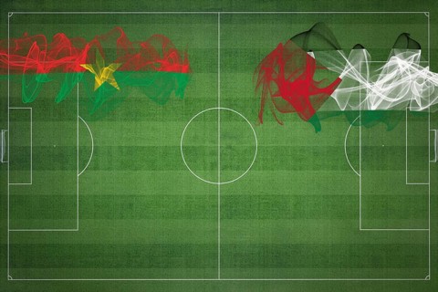Burkina Faso vs Palestine Soccer Match, national colors, national flags, soccer field, football