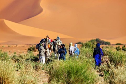 Group of people and camels in a sandy, vegetation-poor desert with high dunes, Tuareg with his