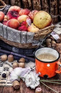 Accessories picnic consisting of peaches, apples and lotto games.Photo tinted