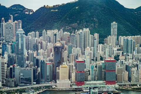 Hong Kong skyline visible from the observatory of Sky100. Shooting Location: Hong Kong Special
