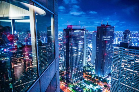 Tokyo night view seen from the observation deck of the Tokyo Metropolitan Government Building.