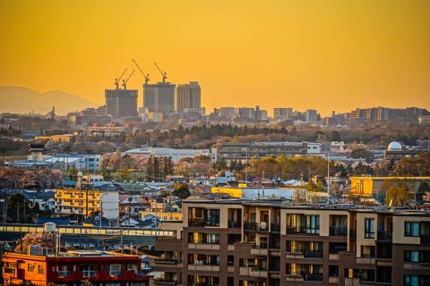 Rooftops of Chofu City, which is wrapped in a sunset. Shooting Location: Chofu, Tokyo