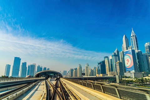 UAE Dubai skyline visible from the Dubai Metro. Shooting Location: Dubai