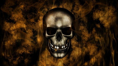 Happy Halloween. Human Skull With Smoke And Fire 3D Rendering
