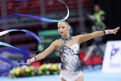 Sofia, Bulgaria - 6 May, 2017: Anastasiya Serdyukova from Uzbekistan performs during Rhythmic