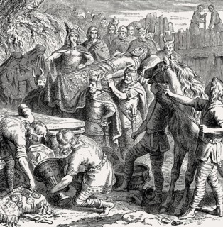 The burial of Alaric I, King of the Visigoths, in the bed of the Busento River, 410 AD