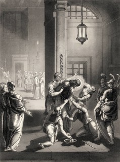 After the Sanhedrin trial of Jesus, New Testament, steel engraving 1853, digitally restored