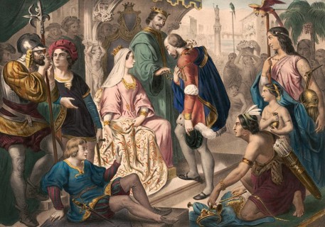 Christopher Columbus standing before King Ferdinand and Queen Isabella on his return to Spain,