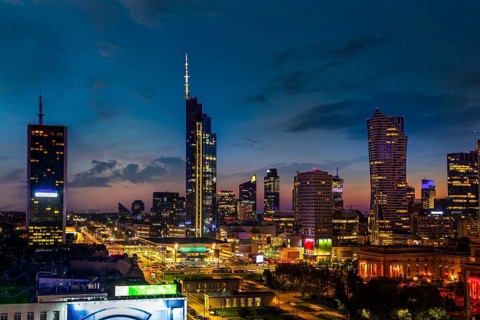 Center of Warsaw, capital of Poland, at night