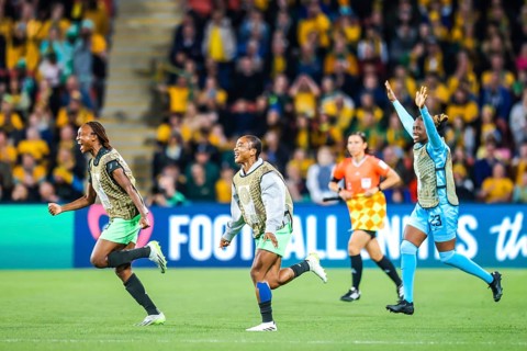 BRISBANE, AUSTRALIA, JULY 27: Nigeria team celebrate beating Australia at the FIFA Women's World