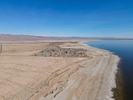Aerial view of Bombay Beach and the Southern California Salton Sea landscape in California, United