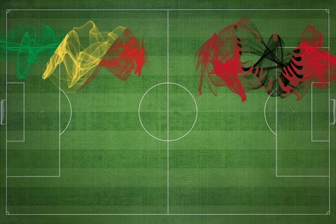 Republic of the Congo vs Albania Soccer Match, national colors, national flags, soccer field,