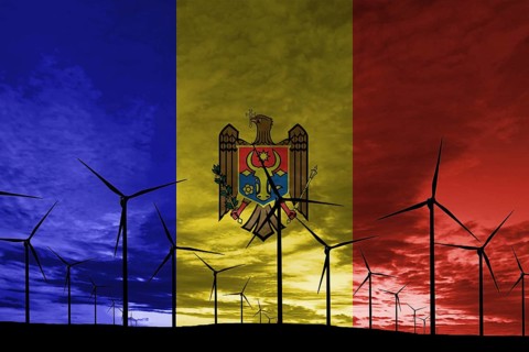 Moldova flag wind farm at sunset, sustainable development, renewable energy Wind Turbines