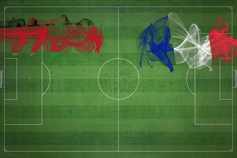 Malawi vs France Soccer Match, national colors, national flags, soccer field, football game,
