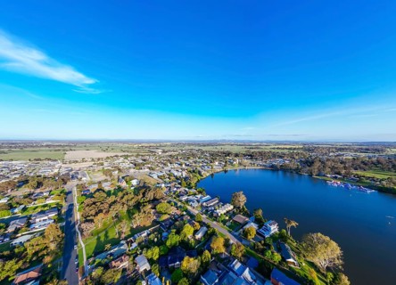 NAGAMBIE, AUSTRALIA, SEPTEMBER 25 2023: Late spring afternoon aerial views of Nagambie township and