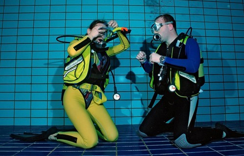 Diving training in the swimming pool, Mask blowing, Germany, Munich, Olympiabad