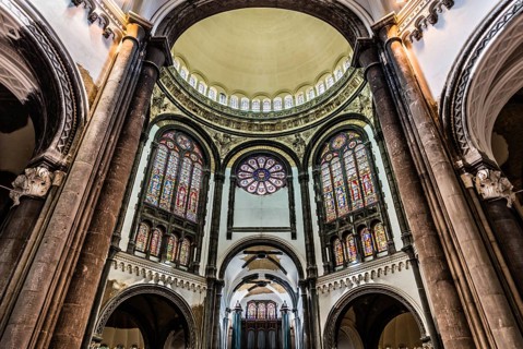 Schaerbeek, Brussels/ Belgium, 08 14 2018: Arches and decorated walls of the Saint Mary Royal