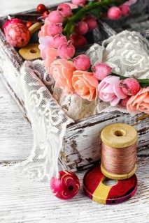 Stylish vintage wooden box with women jewellery and beads