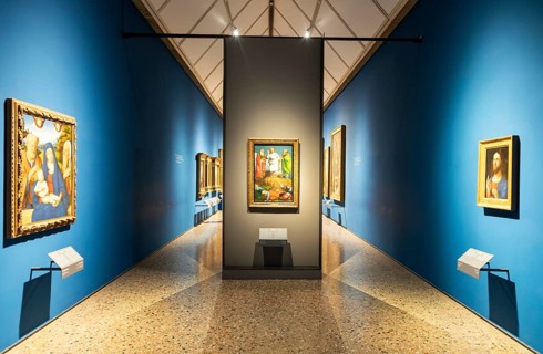 Milan, Italy, 23 September 2023: Brera antique painting museum interior. Vintage art exibition,