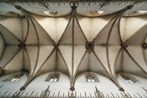 Saint Nicolas Church is a Gothic cathedral in Trnava, Slovakia. Interior, ceiling