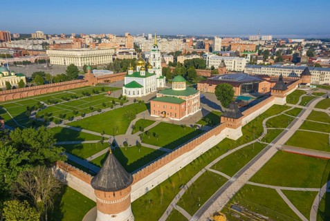 Aerial view of Tula Kremlin and Epiphany Cathedral, city downtow