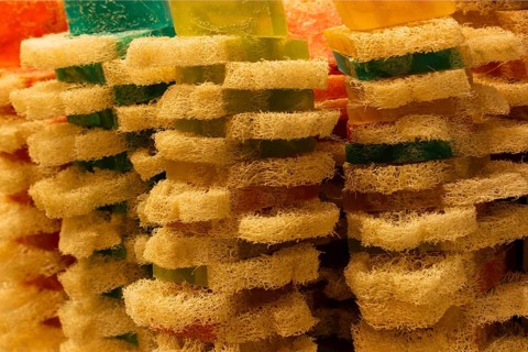 Various isolated homemade bar soaps. Handmade colorful soap, spa bath products for body spa skin