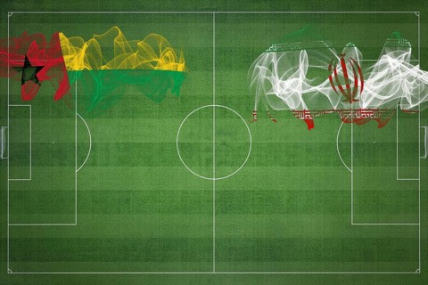 Guinea Bissau vs Iran Soccer Match, national colors, national flags, soccer field, football game,