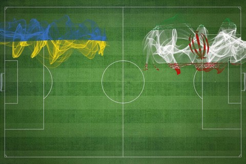 Ukraine vs Iran Soccer Match, national colors, national flags, soccer field, football game,