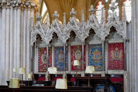 Interior view, choir stalls, Wells Cathedral, Wells, England, Great Britain
