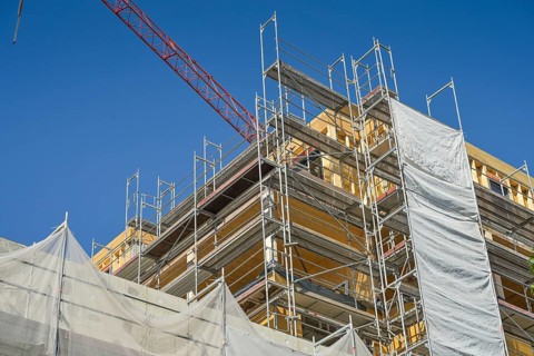 Scaffolding, construction site, housing construction, Eisenbahnstraße, Kaiserslautern,