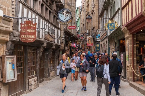 Street view of Mont Saint Michel, an UNESCO island in Normandy, France