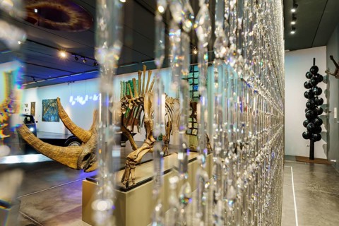 Curtain of Swarovski crystals and fossilized skeleton of Siberian woolly rhinoceros (Coelodonta