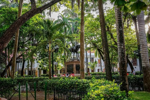 Bolivar Square with trees and statue in, Old Town Cartagena, Colombia