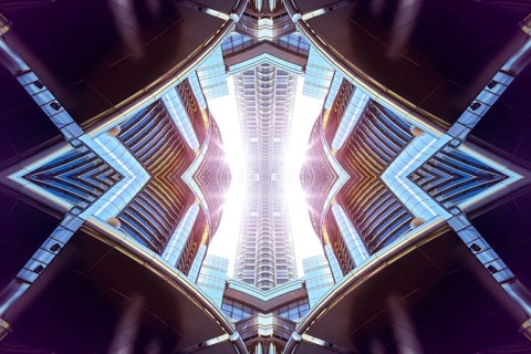 Abstract images flip effect of contemporary steel skyscraper