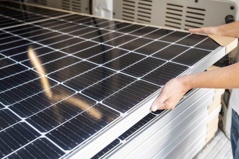 Solar panels inside a van, Llucmajor, Majorca, Balearic Islands, Spain