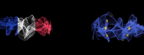 Flags of France and the EU on a black background, France against the European Union smoke flags