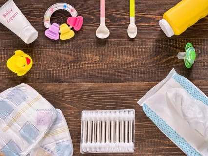 Japanese diapers, wet wipes, baby powder, cream, tither, cotton buds, spoons, soother and duckling