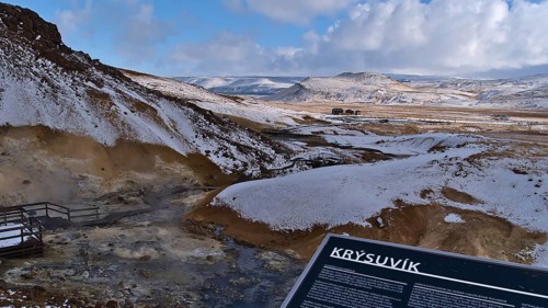 Seltún, Krýsuvík, Iceland, 03-23-2021: View over geothermal area Seltún, part of volcanic system